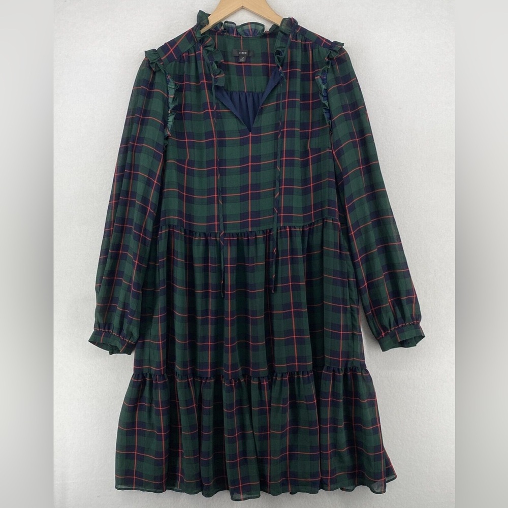 J. Crew Green Plaid Long Sleeve Dress